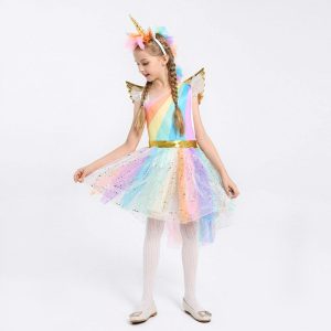 Farsangi unikornis jelmez kislányoknak szivárványszínű ruhával, fejdísszel és szárnyakkal - L méret - 130 cm magasságra (BBJ) - 16. kép