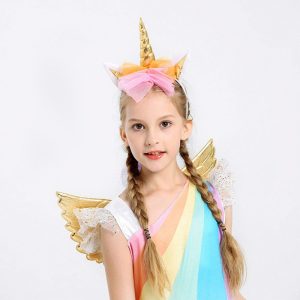 Farsangi unikornis jelmez kislányoknak szivárványszínű ruhával, fejdísszel és szárnyakkal - L méret - 130 cm magasságra (BBJ) - 3. kép