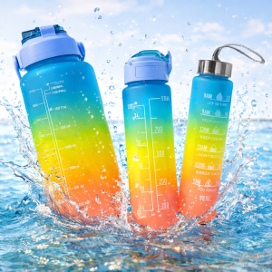 Háromrészes motivációs kulacs szett, kék-sárga-rózsaszín színkombinációban, 2L, 900 ml és 300 ml méretű palackokkal - Image 6