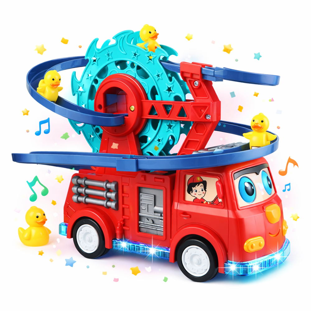 Interaktív tűzoltóautó játék spirálpályával – kacsa forgó csúszdával és látványos fényeffektusokkal gyerekeknek (BBJ) 1 (2)