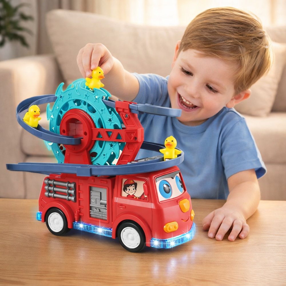Interaktív tűzoltóautó játék spirálpályával – kacsa forgó csúszdával és látványos fényeffektusokkal gyerekeknek (BBJ) 2 (10)