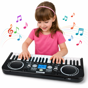 KeyVibe gyerek elektromos szintetizátor – zenei 37 billentyűs játék, hangerőszabályzó, demo dalok, fekete (BBJ) - Image 7