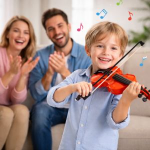 LittleMaestro gyerek játék hegedű vonóval – 4 húros klasszikus játék hangszer gyerekeknek 42 cm (BBJ) - 3. kép