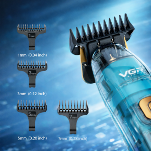 VGR V-961 prémium akkus haj- és szakállvágó – vezeték nélküli trimmer  4 vezetőfésű 1/3/5/7 mm - digitális kijelzővel, átlátszó dizájn (BBD) - 3. kép
