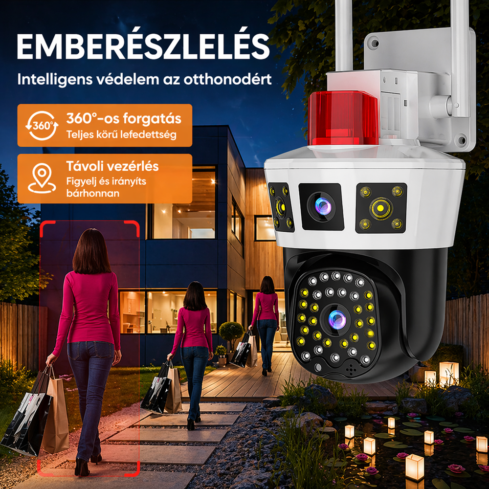 LunariSo WiFi + 4G okos biztonsági kamera szirénával – 360° forgatható IP kamera emberérzékeléssel, kétirányú hanggal és mobilos vezérléssel (BBL) 4