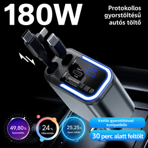 180W 5 az 1-ben LED-es autós gyorstöltő adapter – PD3.0 Type-C és USB szivargyújtós töltő telefonhoz (BBD) - 7. kép