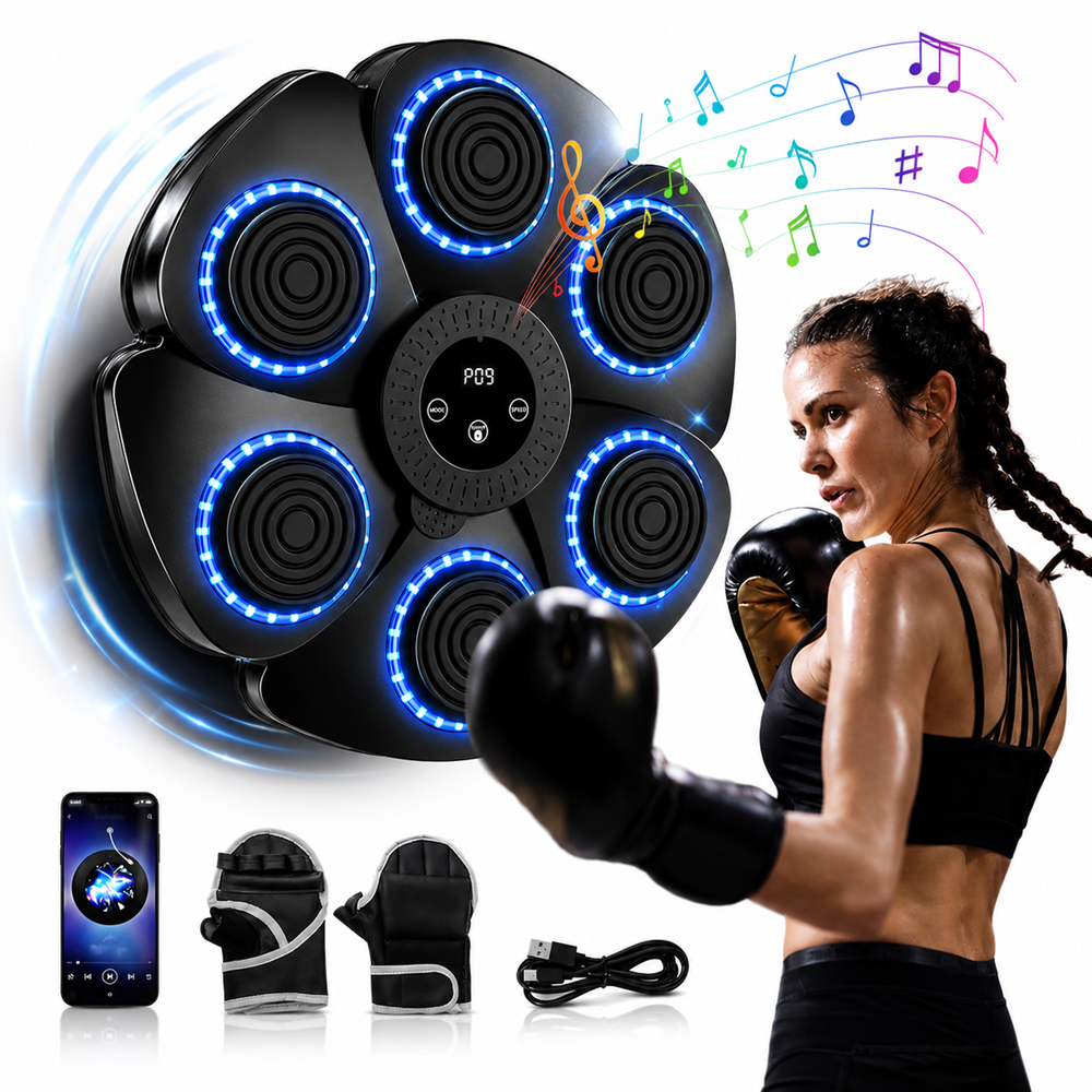 Bluetooth zenélő boxgép falra – LED reflexfejlesztő box tréner 9 ritmus móddal 40×40×6 cm (BBJ) 1