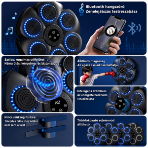 Bluetooth zenélő boxgép falra – LED reflexfejlesztő box tréner 9 ritmus móddal 40×40×6 cm (BBJ) - 3. kép