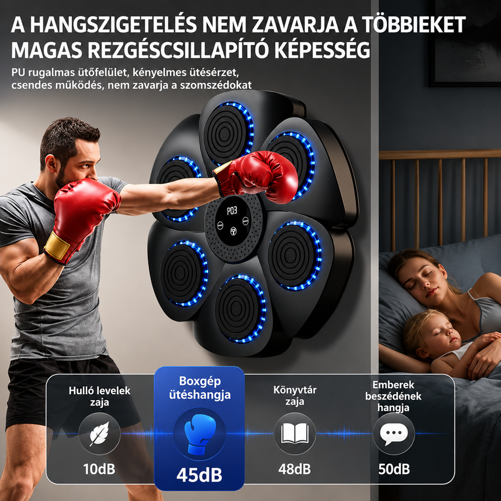 Bluetooth zenélő boxgép falra – LED reflexfejlesztő box tréner 9 ritmus móddal 40×40×6 cm (BBJ) 4