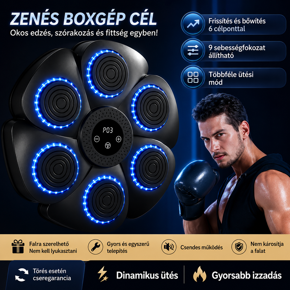 Bluetooth zenélő boxgép falra – LED reflexfejlesztő box tréner 9 ritmus móddal 40×40×6 cm (BBJ) 5