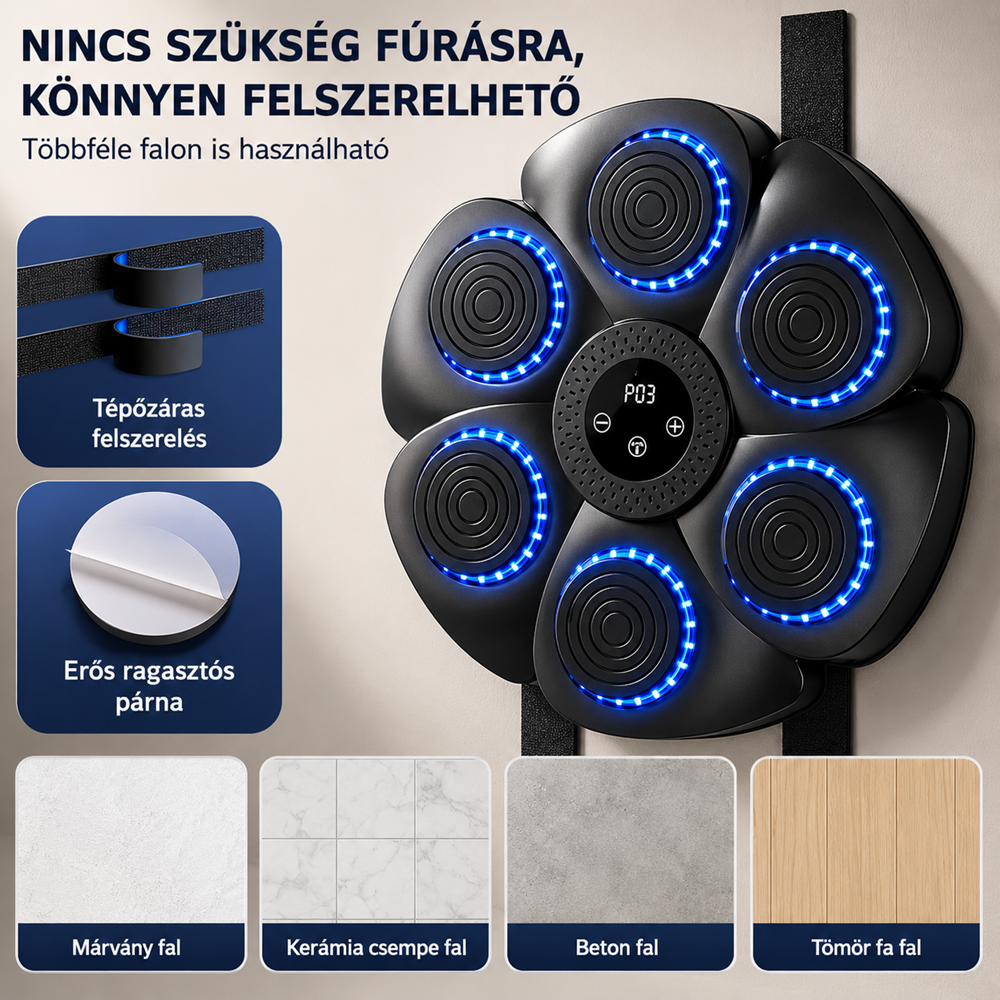 Bluetooth zenélő boxgép falra – LED reflexfejlesztő box tréner 9 ritmus móddal 40×40×6 cm (BBJ) 6