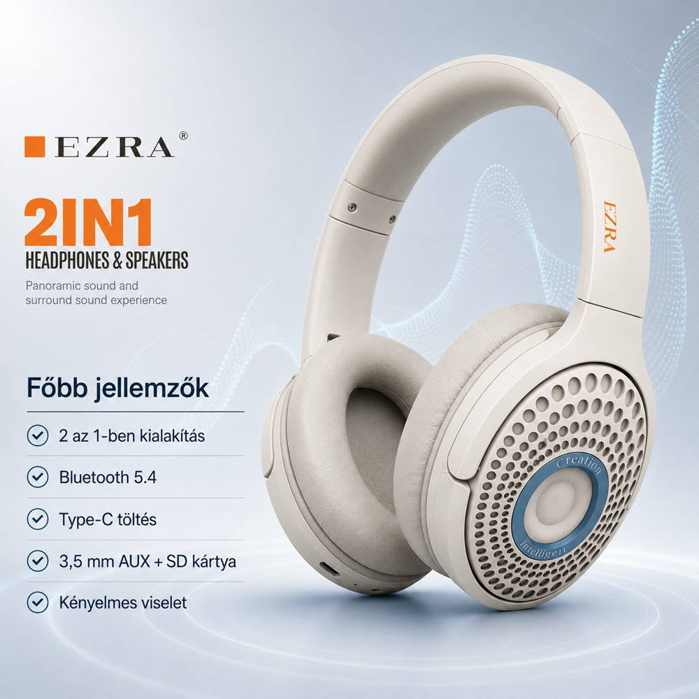 EZRA BW100 2 az 1-ben Bluetooth fejhallgató és hangszóró – Bluetooth 5.4, Type-C töltéssel (BBD) 3
