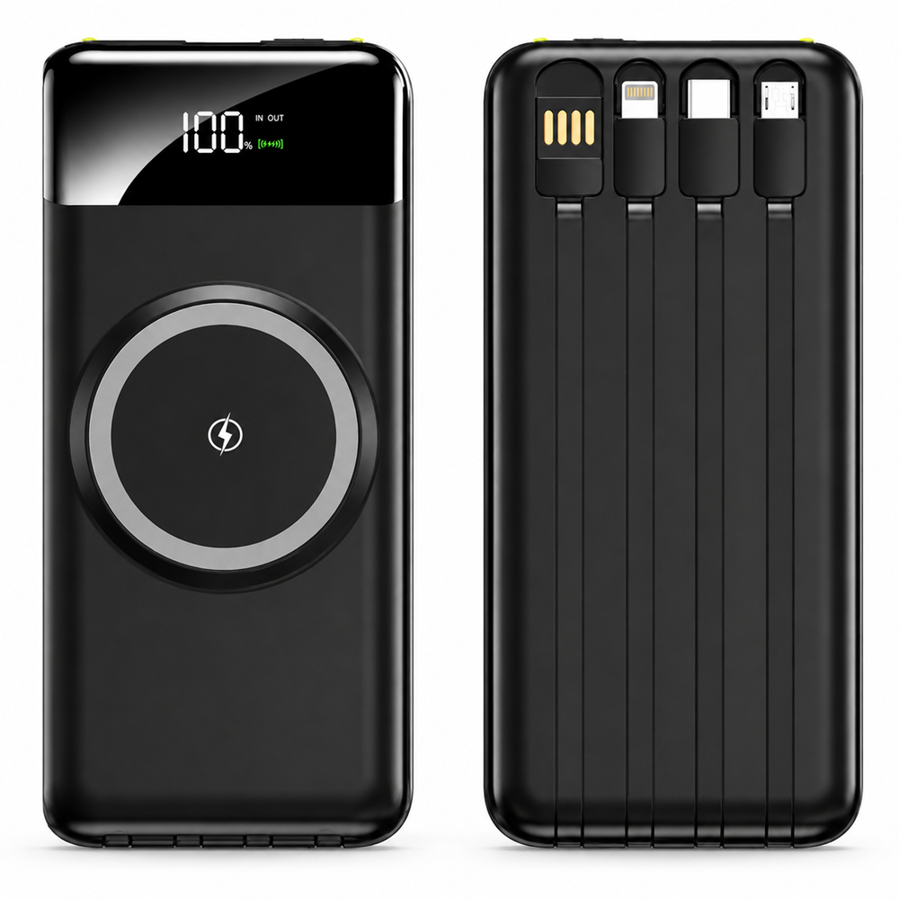 OKOP KP-711 powerbank 10000mAh – hordozható gyorstöltő beépített 4 kábellel fekete (BBD) 1