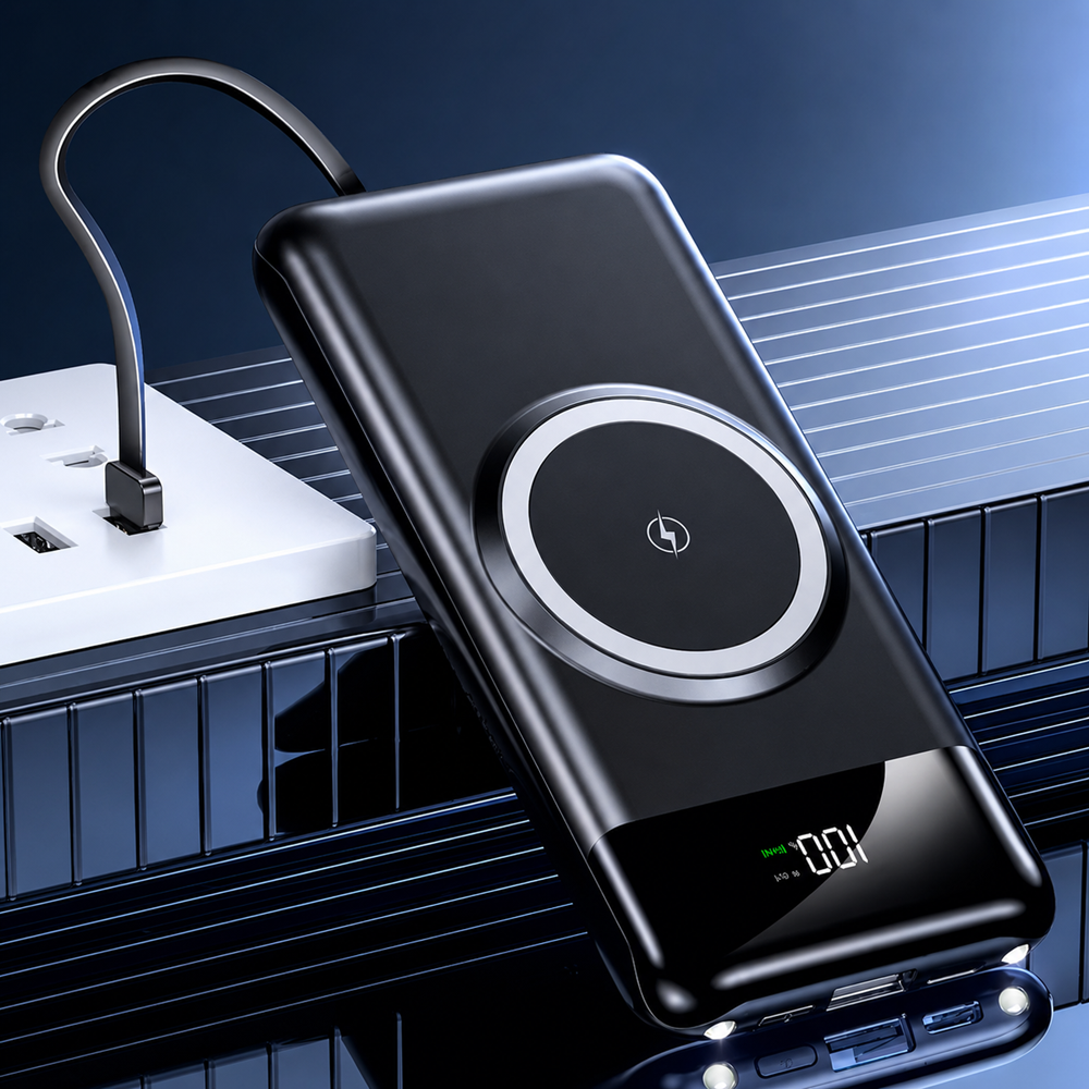 OKOP KP-711 powerbank 10000mAh – hordozható gyorstöltő beépített 4 kábellel fekete (BBD) 2