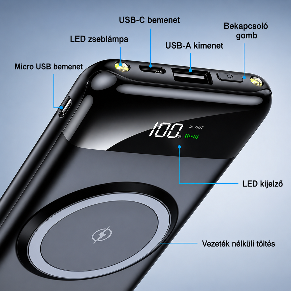 OKOP KP-711 powerbank 10000mAh – hordozható gyorstöltő beépített 4 kábellel fekete (BBD) 3