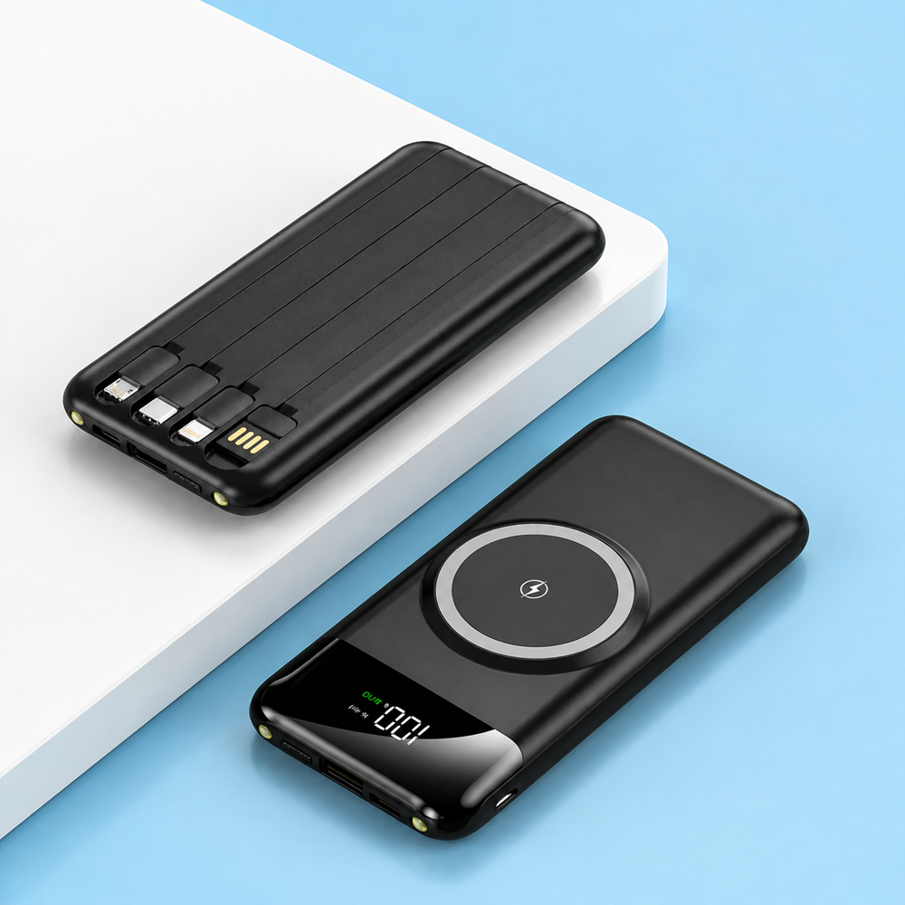 OKOP KP-711 powerbank 10000mAh – hordozható gyorstöltő beépített 4 kábellel fekete (BBD) 4