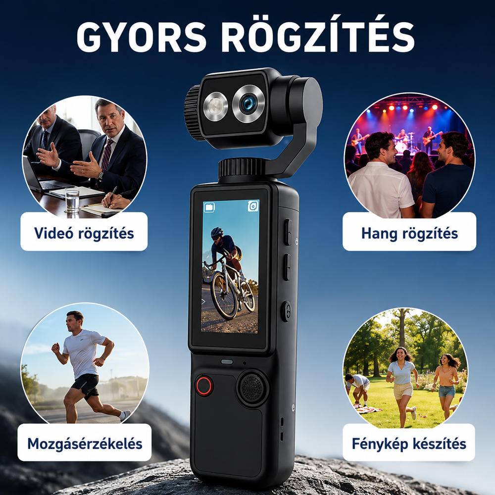 OZCT Q8 4K vlog kamera – Ultra HD zsebkamera 3 tengelyes stabilizátorral és forgatható érintőkijelzővel (BBD) 4