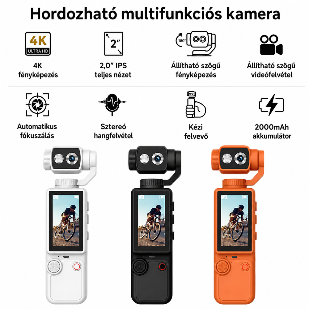 OZCT Q8 4K vlog kamera – Ultra HD zsebkamera 3 tengelyes stabilizátorral és forgatható érintőkijelzővel (BBD) 6