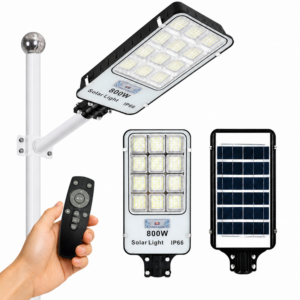 SL-88895 napelemes LED utcai lámpa 800W – IP66 kültéri mozgásérzékelős udvari világítás távirányítóval (BBD) 1