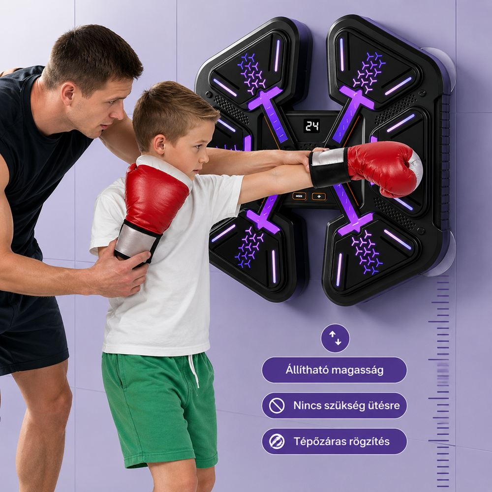 Zenélő LED boxfal gyerekeknek – Box tréner reflexfejlesztő bokszgép kesztyűvel (BBJ) 3