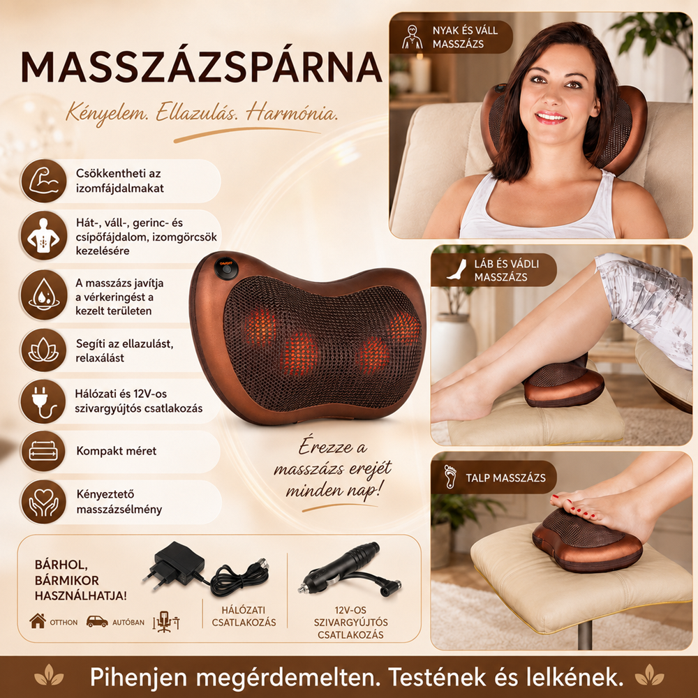 Elektromos masszázspárna 220V12V adapterrel – kompakt nyak-, hát- és derékmasszírozó 30 × 19 × 5 cm (GL- DA00170) 3