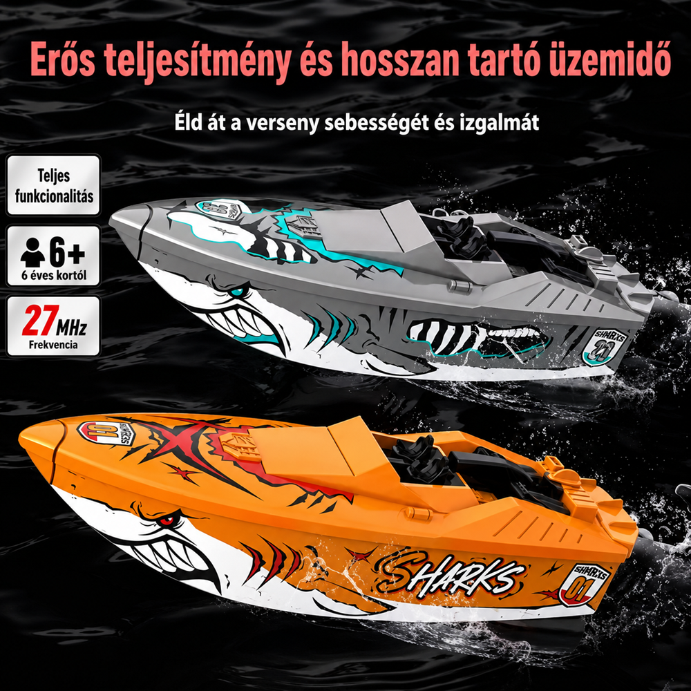 Távirányítós cápa mintás RC motorcsónak – 27 MHz vízi játék hajó gyerekeknek (BBMJ) 3