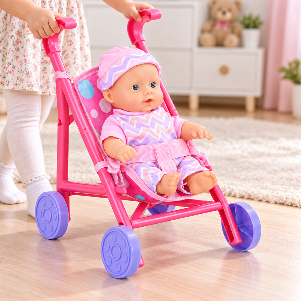 Aranyos játékbaba babakocsival – 20 cm-es szett (EDC)1