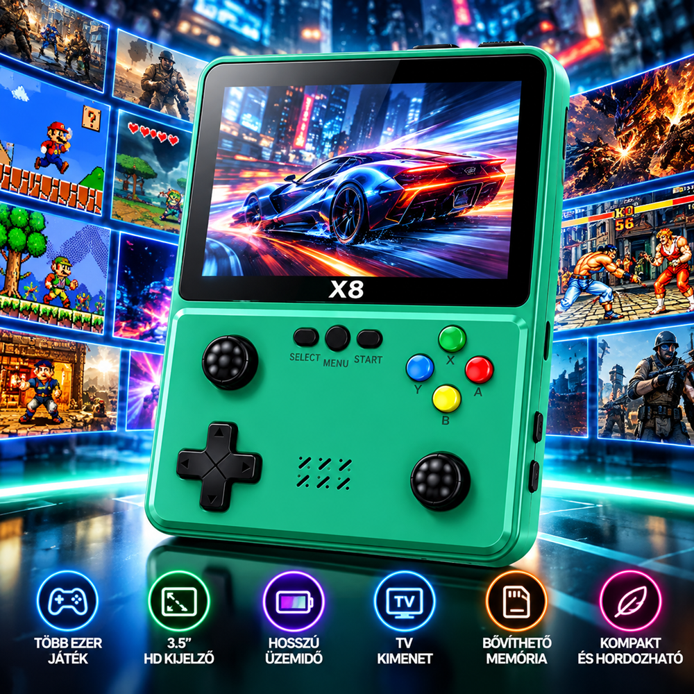 X8 hordozható retro játékkonzol – 4” IPS HD kijelző (BBV)3